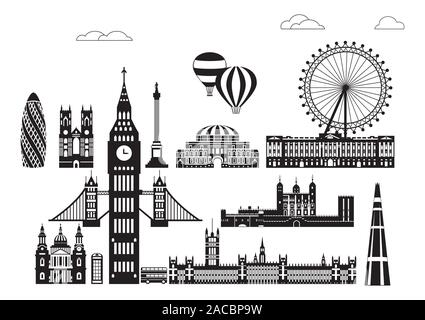 Vektor einrichten von Wahrzeichen von London. Skyline der Stadt Vector Illustration in den Farben Schwarz und Weiß auf weißem Hintergrund. Vektor silhouette Illustr Stock Vektor