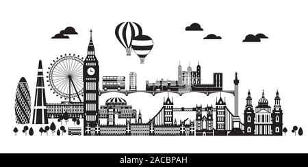Vector Illustration der wichtigsten Sehenswürdigkeiten von London. Skyline der Stadt Vector Illustration in schwarzer Farbe auf weißem Hintergrund. Der Vektor silhouett Stock Vektor