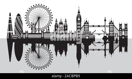 Vector Illustration der wichtigsten Sehenswürdigkeiten von London mit Reflexion. Skyline der Stadt Vector Illustration auf weißem Hintergrund. Panoramablick auf das monochrome s Stock Vektor