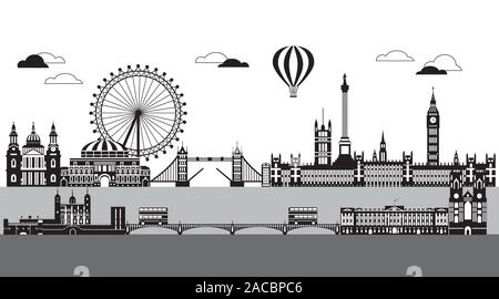 Vector Illustration der wichtigsten Sehenswürdigkeiten von London. Skyline der Stadt Vector Illustration auf weißem Hintergrund. Panoramablick auf das monochrome Silhouette illust Stock Vektor