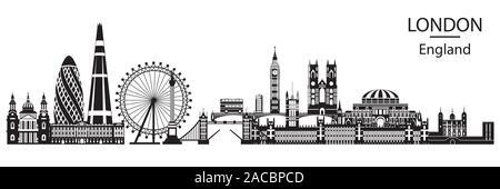 Vector Illustration der wichtigsten Sehenswürdigkeiten von London. Skyline der Stadt Vector Illustration in schwarzer Farbe auf weißem Hintergrund. Panoramablick auf das monochrome si Stock Vektor