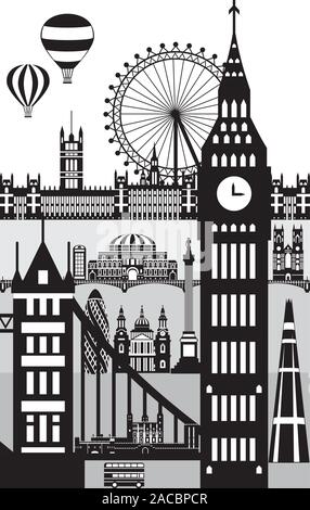 Vertikale Plakat der wichtigsten Sehenswürdigkeiten von London. Skyline der Stadt Vector Illustration in schwarzer Farbe auf weißem Hintergrund. Einfarbige silhouette Illus Stock Vektor