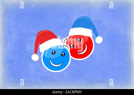Zwei lächelnde Gesichter auf einem blauen Hintergrund in Urlaub Hüte symbolisieren Weihnachten und Neues Jahr Stockfoto