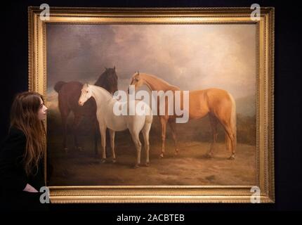 Bonhams, London, UK. 2. Dezember 2019. Alte Meister Malerei verkauf Vorschau bei Bonhams. Bild: Sawrey Gilpin R.A. (Cumbria 1733-1807 London). Eine Bucht Jäger, ein Palomino und einem grauen Pony. Schätzung: £ 12,000-18,000. Credit: Malcolm Park/Alamy Leben Nachrichten. Stockfoto