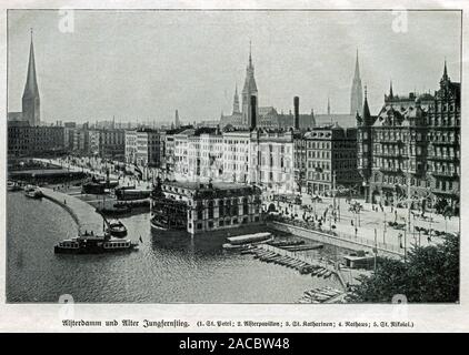 Europa, Deutschland, Hamburg, Alster, Jungfernstieg mit dem Alsterpavillon im Vordergrund, im Hintergrund der Hamburger Kirchen und Türme des Rathauses, Originaltext: "alsterdamm und Alter Jungfernstieg", Motiv aus: "Landeskunde der Freien und Hansestadt Hamburg und ihres Gebietes", von Prof. Gustav Dilling, Verlag: Ferdinand Hirt, Königliche Universitäts- und Verlagsbuchhandlung, Breslau, 1907. / Europa, Deutschland, Hamburg, Alster, der Einkaufsstraße Jungfernstieg, im Vordergrund die so genannte Alterpavillon, einem bekannten Café, im Hintergrund die Türme der Kirchen und t Stockfoto