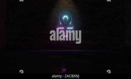 3D-Rendering von Blau Violett neon-Symbol von Ankh auf dunklen Mauer Hintergrund mit nassen unscharfe Reflektion Stockfoto
