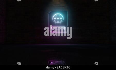 3D-Rendering von Blau Violett neon-Symbol des Atlas Buch mit Globus auf der Abdeckung auf dunklen Mauer Hintergrund mit nassen unscharfe Reflektion Stockfoto