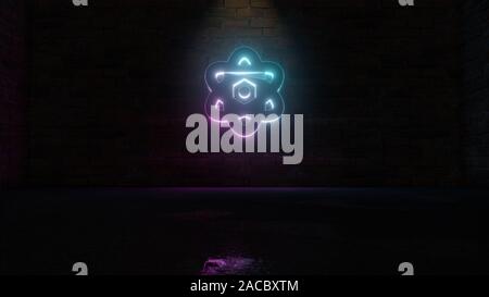 3D-Rendering von Blau Violett neon-Symbol der Atom auf dunklen Mauer Hintergrund mit nassen unscharfe Reflektion Stockfoto