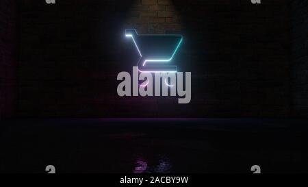 3D-Rendering von Blau Violett neon-Symbol der Warenkorb auf dunklen Mauer Hintergrund mit nassen unscharfe Reflektion Stockfoto