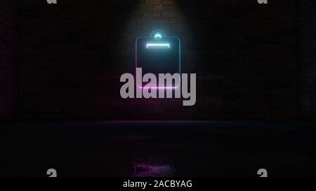3D-Rendering von Blau Violett neon Symbol für leere Zwischenablage auf dunklen Mauer Hintergrund mit nassen unscharfe Reflektion Stockfoto