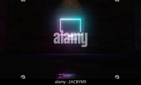 3D-Rendering von Blau Violett neon-Symbol der Monitor auf dunklen Mauer Hintergrund mit nassen unscharfe Reflektion Stockfoto