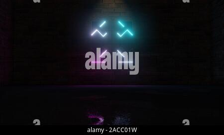 3D-Rendering von Blau Violett neon-Symbol der Pfeile auf dunklen Mauer Hintergrund mit nassen unscharfe Reflektion Stockfoto