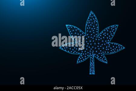 Cannabis Low-poly-Design, Hanf abstrakten geometrischen Bild, Marihuana Drahtmodell mesh polygonalen Vector Illustration aus Punkten und Linien auf dunklem Blu gemacht Stock Vektor