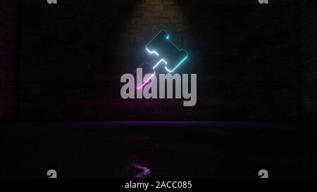 3D-Rendering von Blau Violett neon-Symbol der Gericht Hammer auf dunklen Mauer Hintergrund mit nassen unscharfe Reflektion Stockfoto