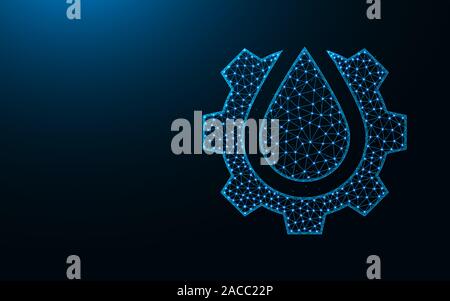Cog Getriebe mit Öl drop Low-poly-Design, Service abstrakten geometrischen Bild, Drahtmodell mesh polygonalen Vector Illustration aus Punkten und Linien auf d Stock Vektor