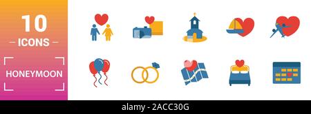 Hochzeitsreise Icon Set. Gehören kreative Elemente reisen, Just Married, Abendessen, Eber, Reise, Kuchen Symbole. Kann für Bericht, Präsentation, Diagramm verwendet werden, Web Stock Vektor