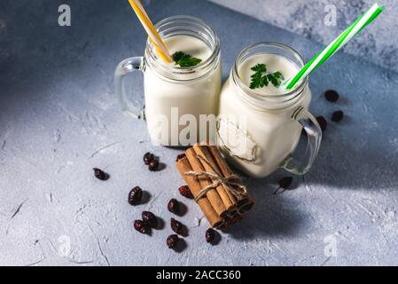 Einfache selbstgemachten Kefir in ein Glas mit Gewürzen und Kräutern auf einem grauen Hintergrund, kopieren. Probiotische Ayran Stockfoto