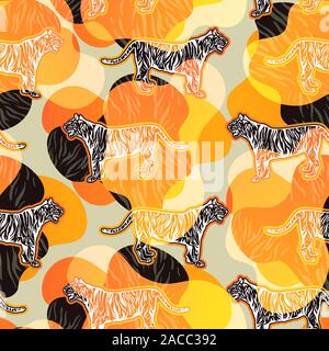 Bengal Tiger vintage Dekorative nahtlose Muster. Exotische wilde Katzen und bunten kurvige Formen Hand gezeichnet Vector Illustration. Tropische Wildnis, Jungle fauna Zeichnung. Kreative retro stil hintergrund Stock Vektor