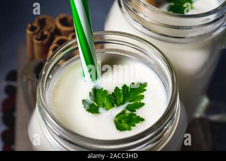 Einfache selbstgemachten Kefir in ein Glas mit Gewürzen und Kräutern auf einem grauen Hintergrund, kopieren. Probiotische Ayran Stockfoto