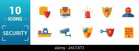 Security Icon Set. Kreative Elemente Überwachungskamera, deffense, Schloss, Schutz, Datenschutz Symbole. Kann für den Bericht verwendet, Präsentation. Stock Vektor