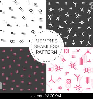 Satz von 4 nahtlose Muster in rosa Farben Schwarz und Weiß mit geometrischen Elementen. Muster in hipster Style. Nahtlose Muster für Jugendliche und Schule Stock Vektor