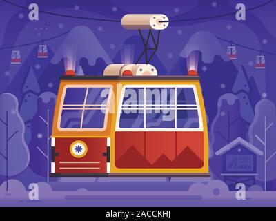 Ski rote Seilbahn Winterurlaub Szene Stock Vektor