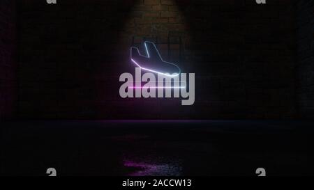 3D-Rendering von Blau Violett neon-Symbol von dem Flugzeug auf der Landebahn Oberfläche auf dunklen Mauer Hintergrund mit nassen unscharfe Reflektion Stockfoto