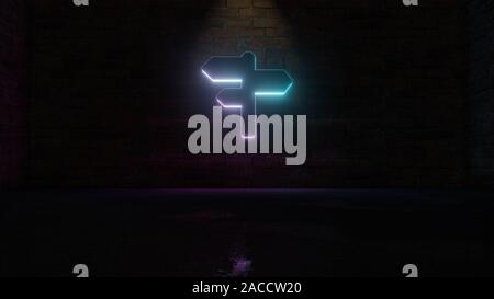 3D-Rendering von Blau Violett neon Symbol für drei Karten Anzeichen auf Stick auf dunklen Mauer Hintergrund mit nassen unscharfe Reflektion Stockfoto