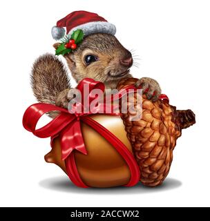 Weihnachten Eichhörnchen Geschenk als eine lustige und niedliche Tier mit einem riesigen Acorn Tree Mutter mit einem roten festliche Bug als Symbol für Freude. Stockfoto