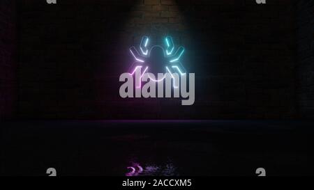 3D-Rendering von Blau Violett neon-Symbol der Spinne auf dunklen Mauer Hintergrund mit nassen unscharfe Reflektion Stockfoto