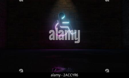 3D-Rendering von Blau Violett neon-Symbol der Rollstuhl auf dunklen Mauer Hintergrund mit nassen unscharfe Reflektion Stockfoto