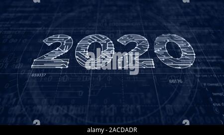 Jahr Anzahl 2020 Projekt erstellen. Abstrakte Konzept 3d-Abbildung. Zeichnung digitale Regelung Linie der futuristischen Idee. Stockfoto