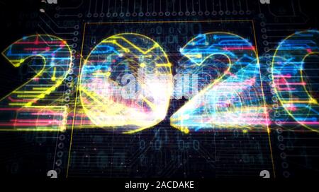 2020 Jahr cyber Anzahl Stil futuristische 3D Rendering Illustration. Abstrakte Konzept Licht Linie das Symbol in Deep 3D-Perspektive. Stockfoto