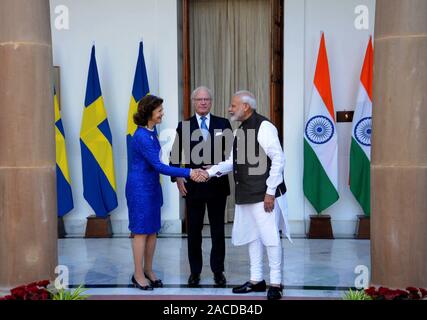 König Carl XVI Gustaf und Königin Silvia von Schweden trifft indischen Ministerpräsidenten Narendra Modi bei der Hyderabad House in Neu Delhi am Montag 02 Dezember, 2 Stockfoto