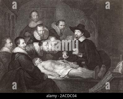 Die Anatomie des Dr. Nicolaes Tulp Lektion. Ein Kupferstich von Johannes Pieter de Frey, nach dem Gemälde von Rembrandt. Stockfoto