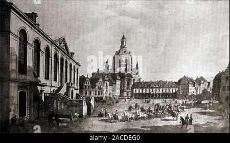 Eine historische 18. Jahrhundert Drucken von Dresden und die Frauenkirche ('Kathedrale') und Marktplatz in Sachsen, Deutschland im Jahre 1750. Es wurde in den Bombenangriffen des Zweiten Weltkrieges zerstört und blieb als Ruine als Denkmal wieder aufgebaut, bis nach der Wiedervereinigung Deutschlands im Jahr 1994. Die umliegende Neumarkt wurde im Jahr 2004 rekonstruiert. Stockfoto