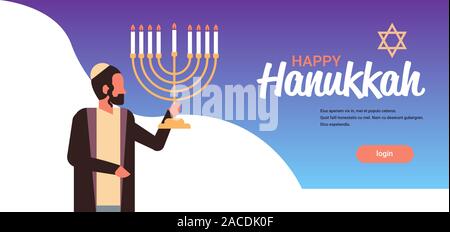 Juden Mann hält menorah jüdische Person in traditioneller Kleidung Happy Chanukka Konzept Judentum religiöse Feiertage Feier hochformatkopie Platz horizontale Vektor illustration Stock Vektor