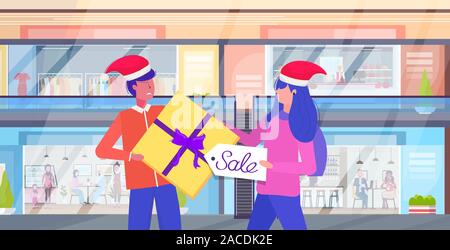 Mann Frau Shopper in santa Hüte kämpfen für letztes Geschenk box Kunden Paar auf saisonale Verkauf Konzept schwarzer Freitag modernes Einkaufszentrum Innenraum Porträt horizontale Vektor illustration Stock Vektor