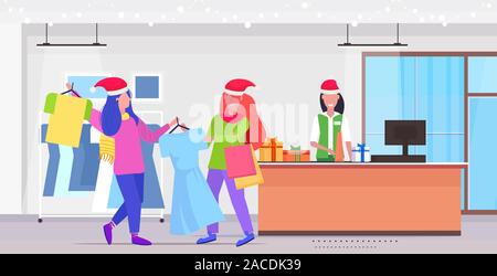 Frauen Shopper in santa Hüte kämpfen für letzte Kleid kunden Paar auf saisonalen Einkauf Verkauf Kampf Konzept Modern Fashion Boutique Interieur voller Länge horizontale Vektor illustration Stock Vektor