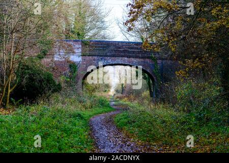 Die alte Eisenbahn gehen Das ist die alte Trasse einer Eisenbahn von Sudbury zu Cambridge, welche nunmehr die Clare Castle Country Park in Suffolk, E Stockfoto