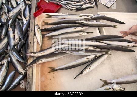 Meer Fisch auf einem Markt in Griechenland. Die fische Warten auf Kunden. Stockfoto