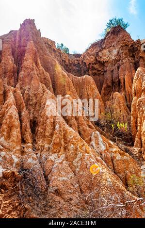 Hohe rote Lehm Felsen und Klippen von Regen- und Oberflächenwasser fließt Wasser gewaschen. Ton Steinbruch, Minen Landschaft Szene in Cilento und Vallo di Diano Nation Stockfoto