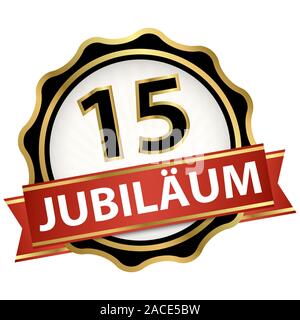 Jubiläum Knopf mit Banner für 15 Jahre (Text in Englisch) Stock Vektor