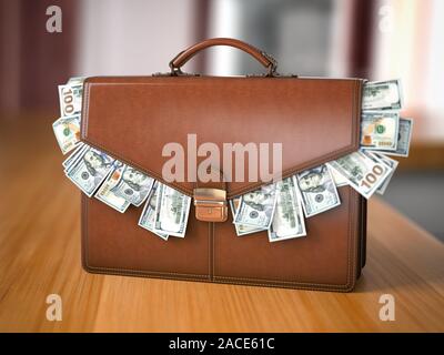 Aktenkoffer voller Dollar auf dem Tisch isoliert. Bestechung, Korruption, Börse portfolio Finanzkonzept. 3D-Darstellung Stockfoto