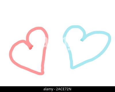 Zwei Herzen blau und rosa Zeichnung auf Weiß. Stockfoto