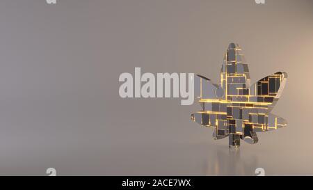 3D-Rendering metal Techno rechteckige Geometrische greeble Symbol von Cannabis leaf Symbol mit leuchtenden Linien mit unscharfen Reflexion auf Licht backgro Stockfoto