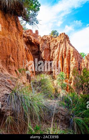 Hohe rote Lehm Felsen und Klippen von Regen- und Oberflächenwasser fließt Wasser gewaschen. Ton Steinbruch, Minen Landschaft Szene in Cilento und Vallo di Diano Nation Stockfoto