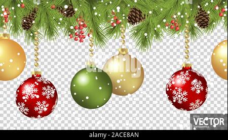 EPS 10 Vektor nahtlose Hintergrund Konzept mit Tannenzweigen und Knochen, hängenden roten und goldenen Christbaumkugeln und fallenden Schnee Flocken mit transpare Stock Vektor