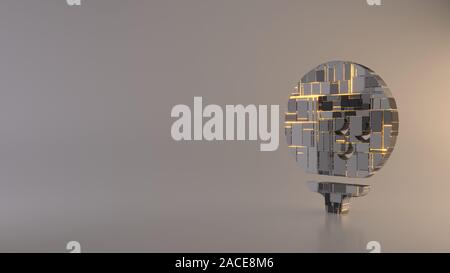3D-Rendering metal Techno rechteckige Geometrische greeble Symbol der Golfball auf Ständer Symbol mit leuchtenden Linien mit unscharfen Reflexion auf Licht ba Stockfoto