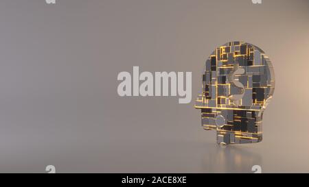 3D-Rendering metal Techno rechteckige Geometrische greeble Symbol der Kopf Silhouette mit Dollar Symbol innen Symbol mit leuchtenden Linien mit unscharfen refle Stockfoto